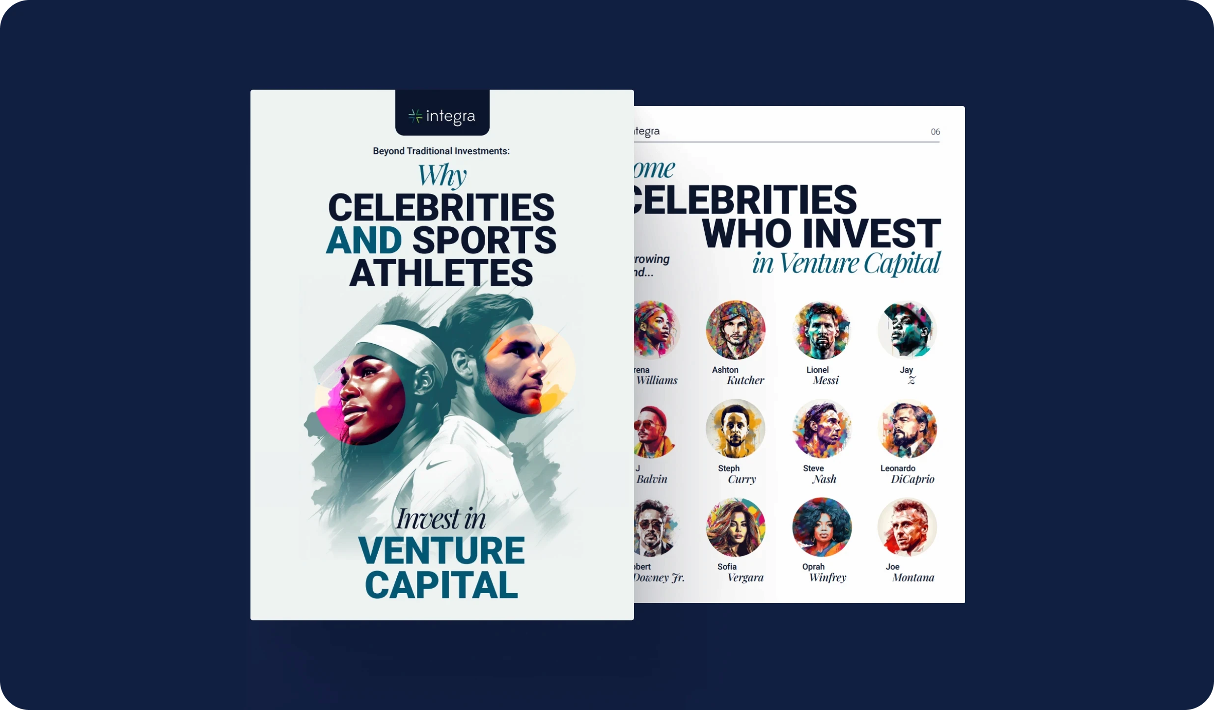 Onepager main image created with AI Midjourney of celebs like Oprah, Sofía Vergara, RDJ, J Balvin, Serena Williams and others who have invested in venture capital