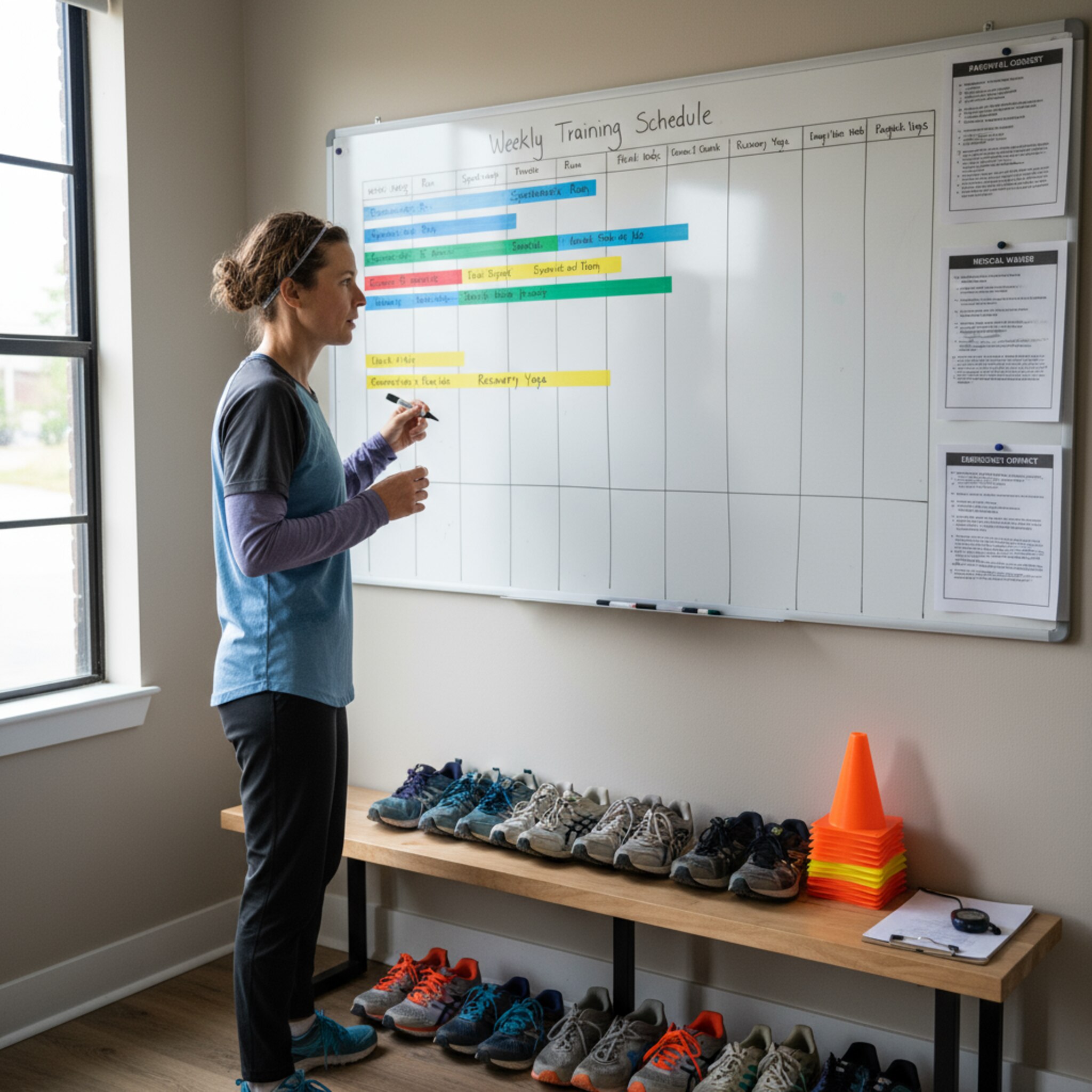 Ein Coach markiert auf einer Tafel den Wochenplan für Trainings und ein bevorstehendes Camp. Farbige Magnetstreifen ordnen Aufgaben, daneben hängen unterschriebene Einverständniserklärungen. Schuhe und Hütchen stehen bereit. Die Vorbereitung wirkt durchdacht und verbindlich.
