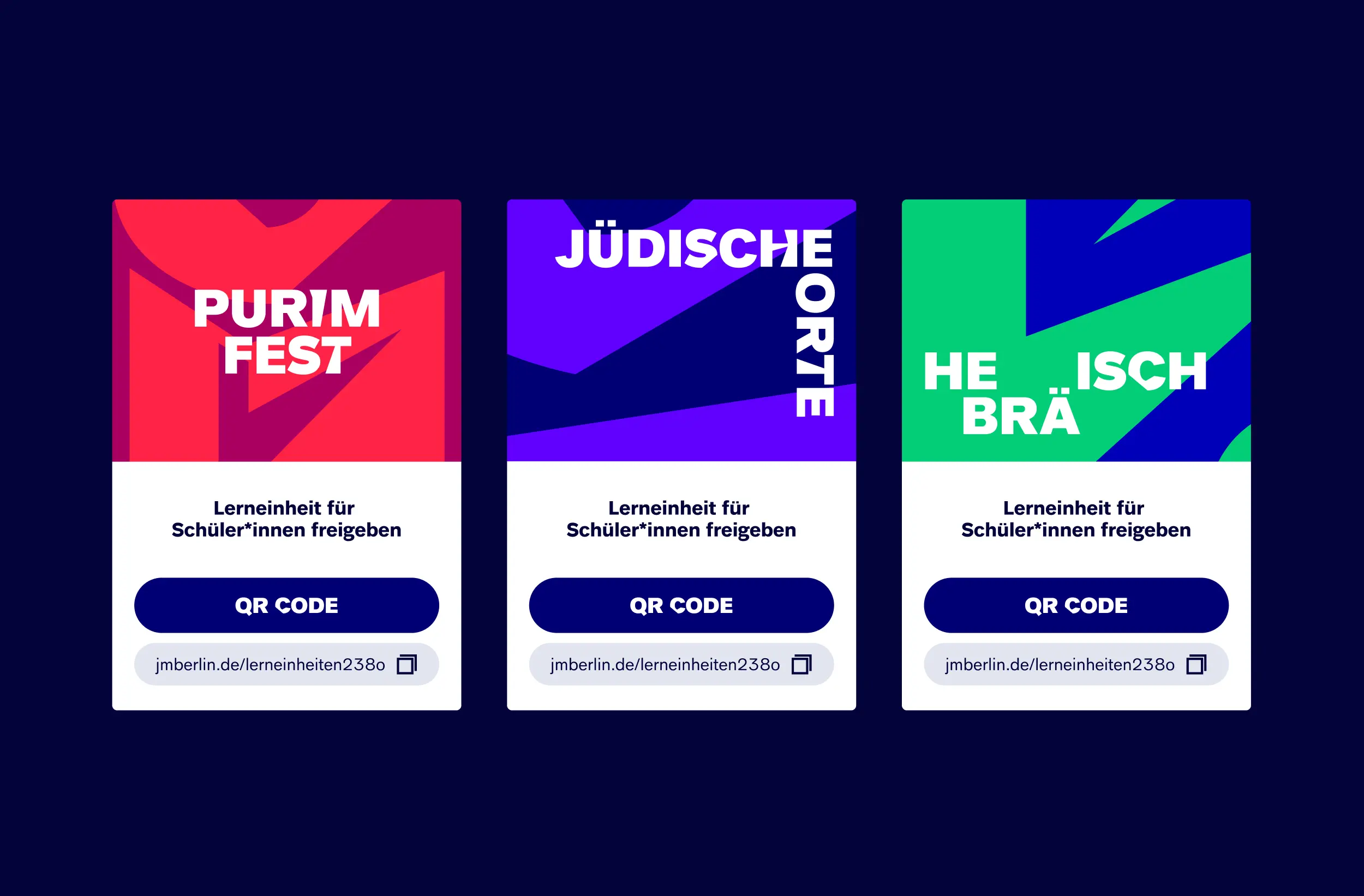 Share-Grafik mit Kacheln Purim, Jüdische Orte und Brausch sowie QR-Code zum Freigeben
