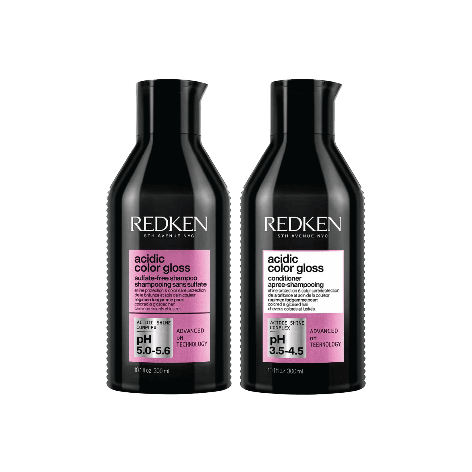 Redken Acidic Color Gloss sulfate-free shampoo and conditioner bottles.