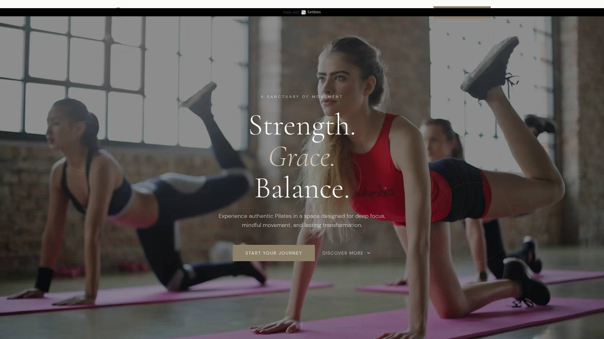 Serene Pilates studio website built with CatDoes, showing a video hero with the Strength Grace Balance headline