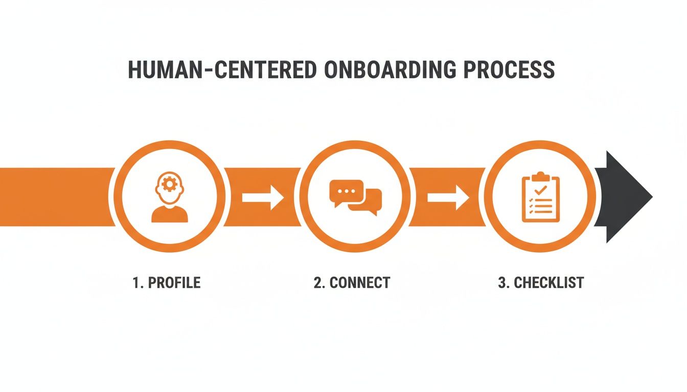 Diagram showing a human-centered onboarding process with three steps: Profile, Connect, and Checklist.