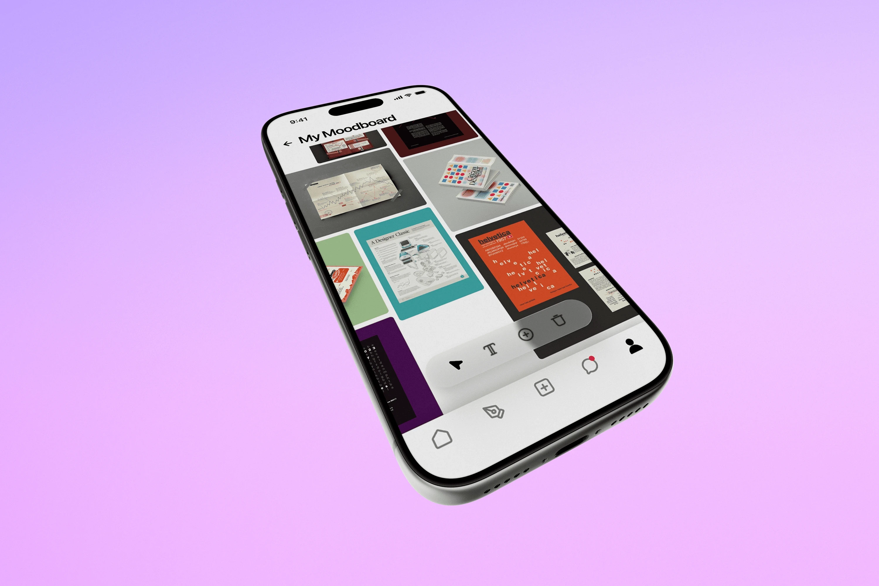 The Wobble moodboard screen shown on a phone at an angle