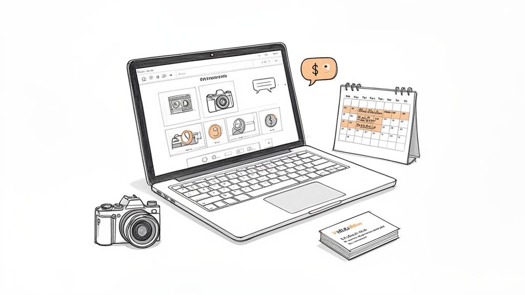 Illustration of a laptop displaying photography software, a calendar, camera, and business cards for a photographer.