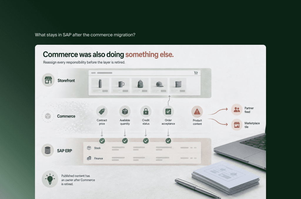 Aufgaben, die beim Abschied von SAP Commerce neu verteilt werden: Vertragspreis, Bestand, Bonität, Auftragsannahme, Content