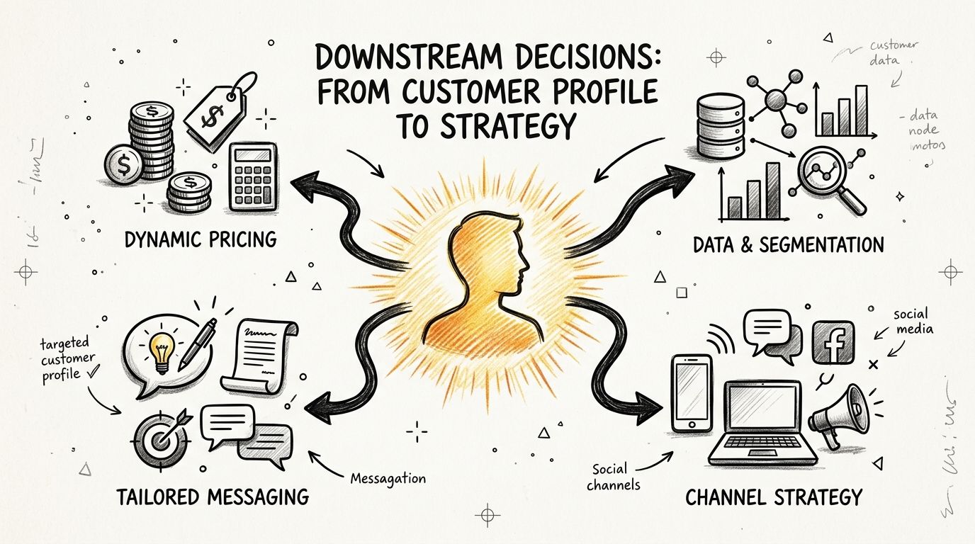 A hand-drawn illustration showing how a central customer profile informs dynamic pricing, data segmentation, messaging, and channel strategy.