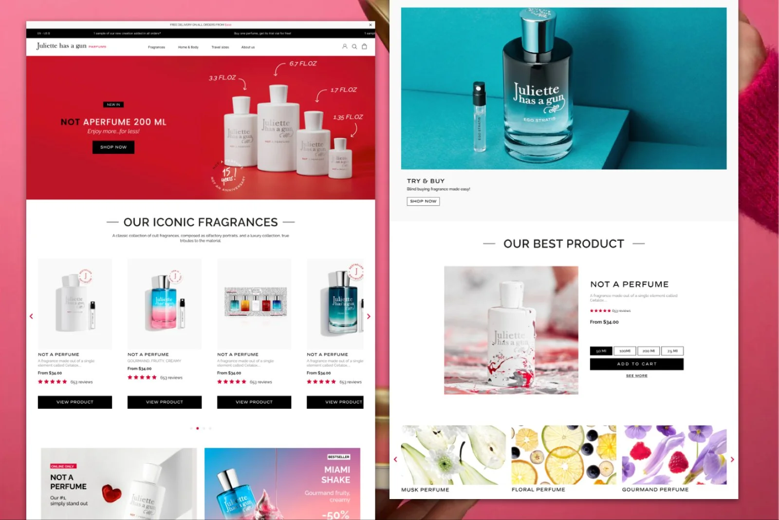 Refonte de la homepage et du catalogue Juliette Has a Gun avec hero banner, fragrances iconiques et best product