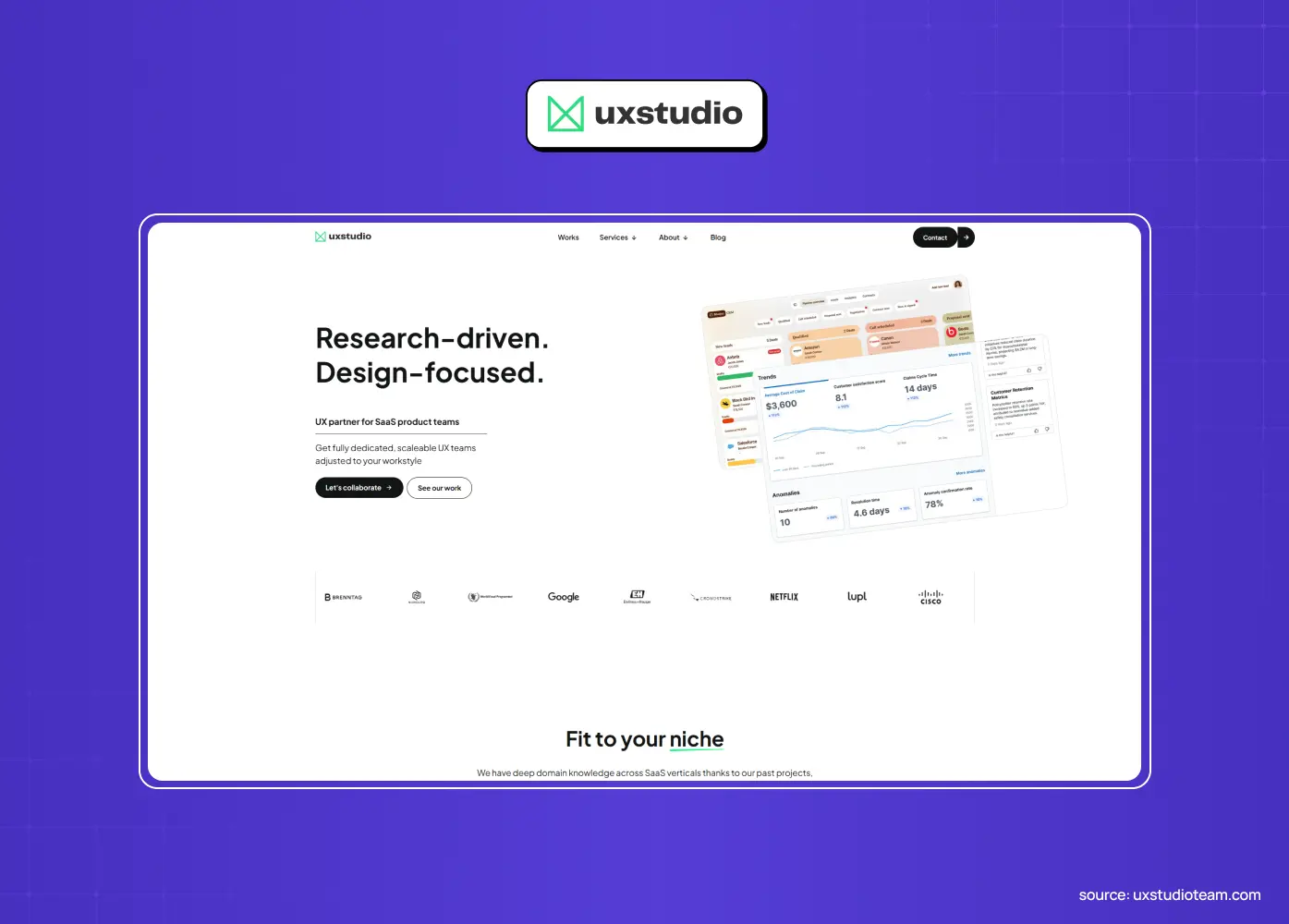 Homepage of UX Studio emphasizing research-driven product design with dashboard visuals and client logos. 