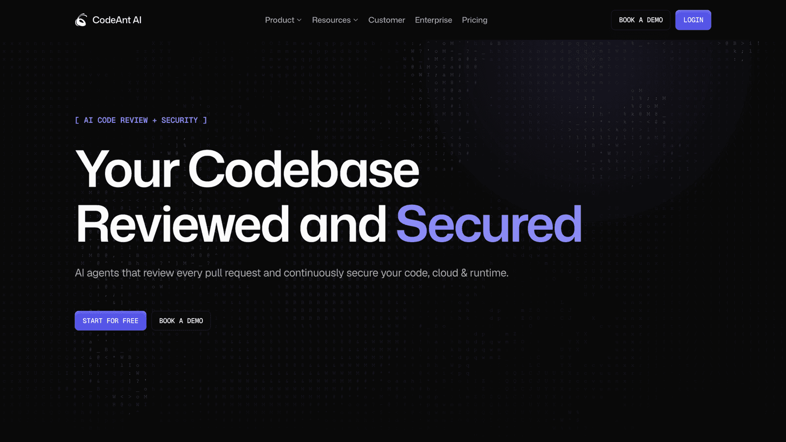 CodeAnt AI homepage showing AI agents that review every pull request and secure code, cloud, and runtime