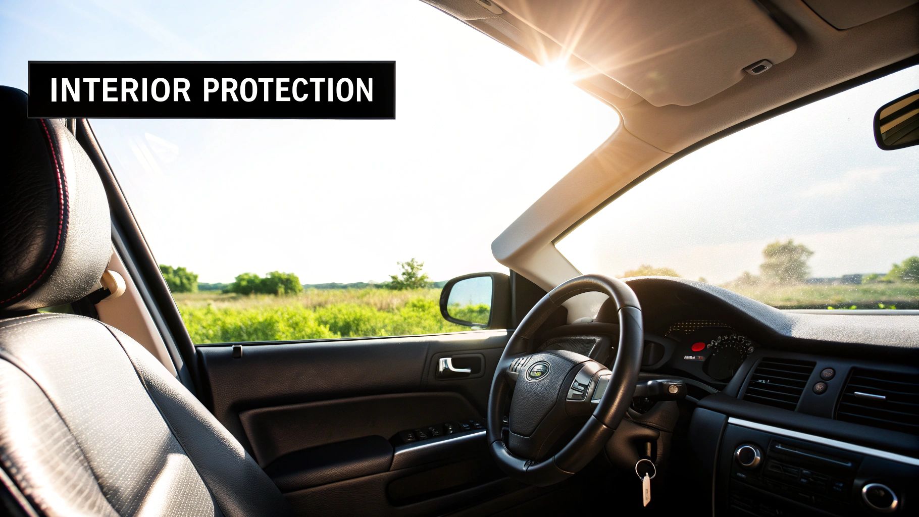 Car interior with bright sun shining through the windshield, emphasizing the need for interior protection.