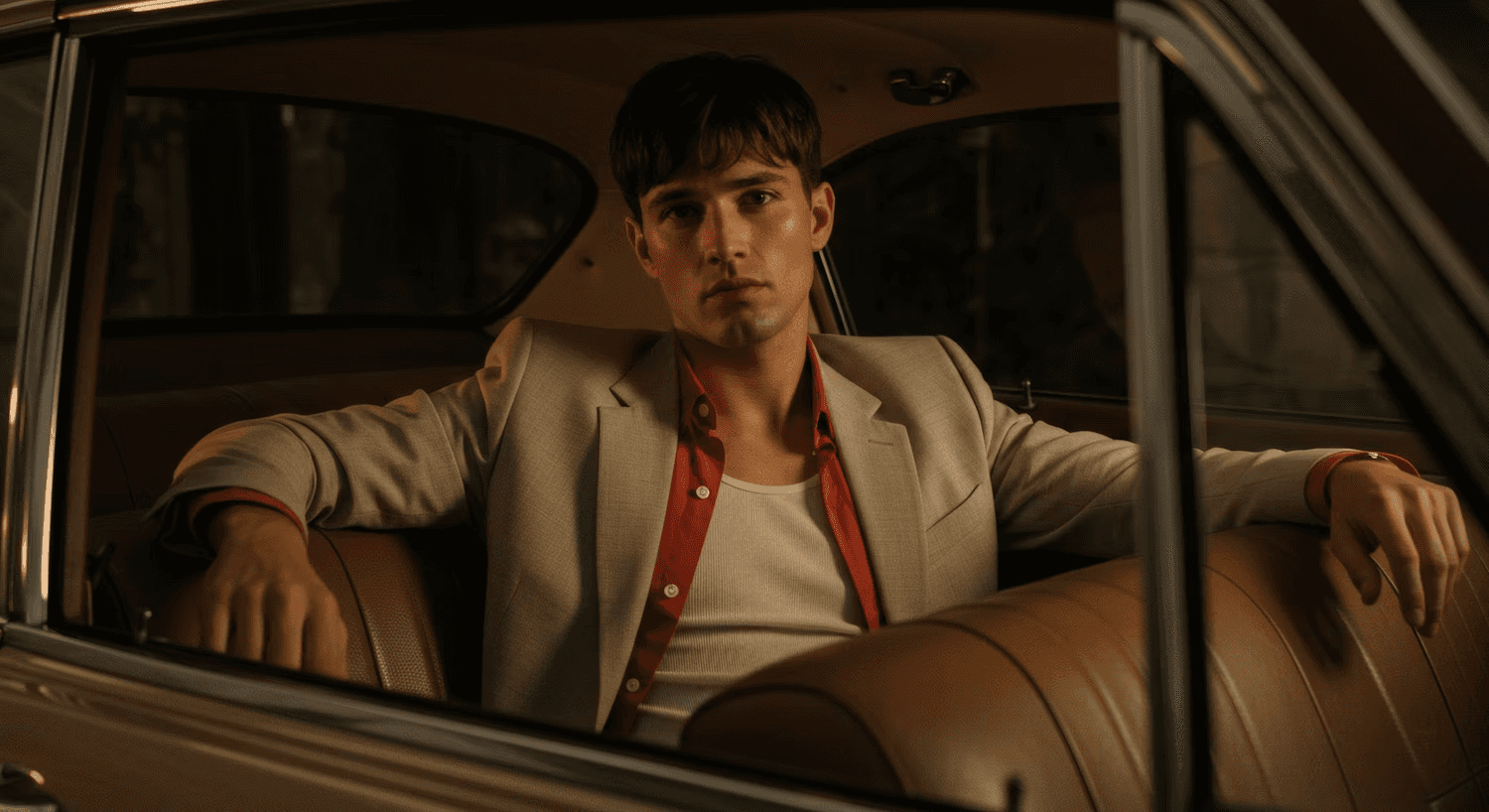 Young man in a vintage car