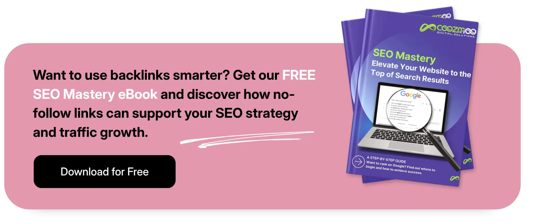 A call-to-action of Coozmoo's SEO Mastery ebook