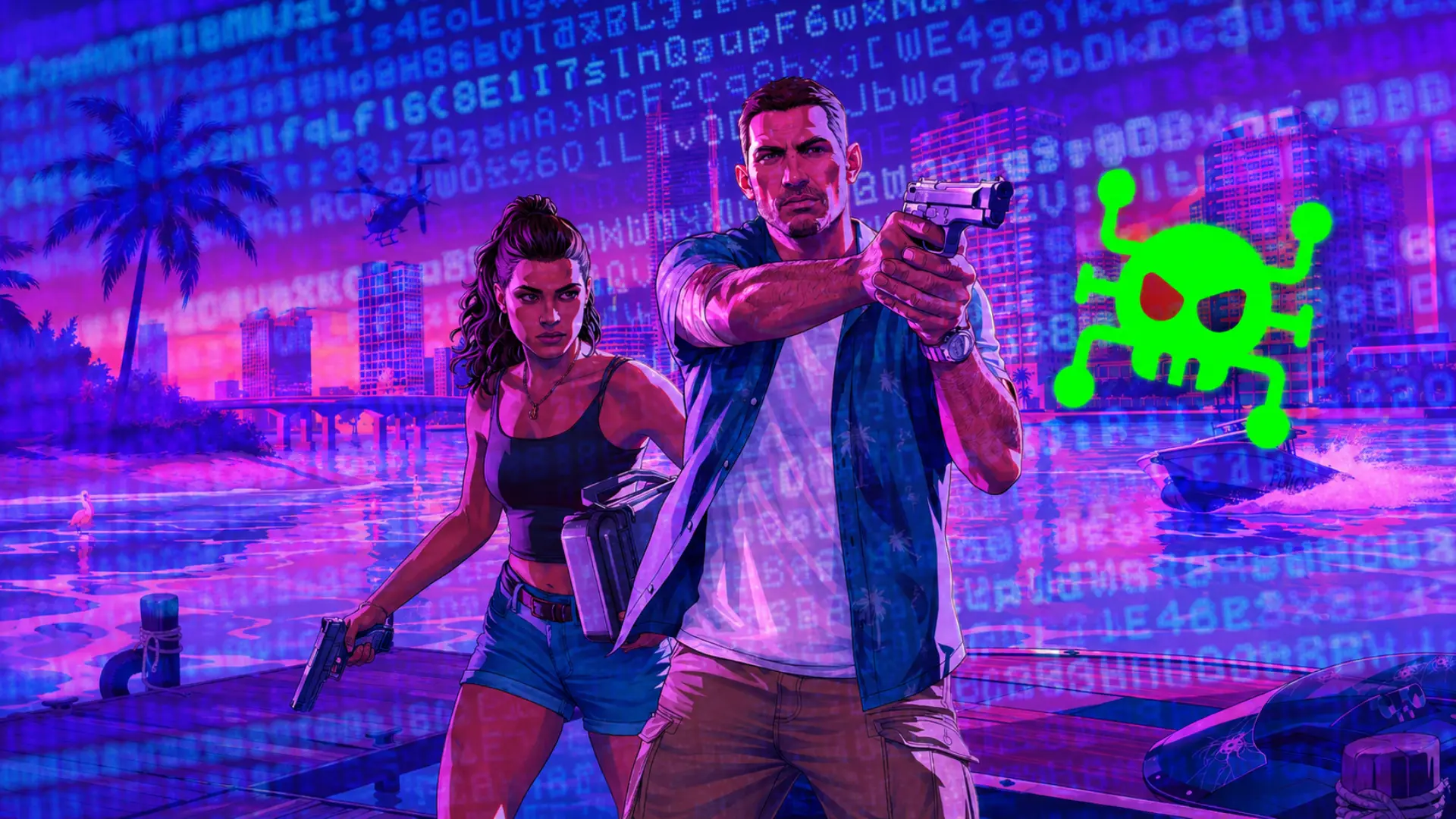 Ilustración de Jason y Lucia frente a un fondo neón de Vice City con palmeras y un símbolo verde
