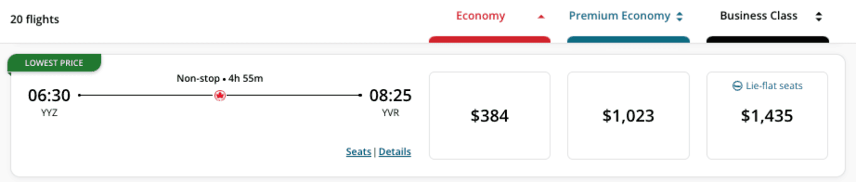 Overview of prices from YYZ>YVR