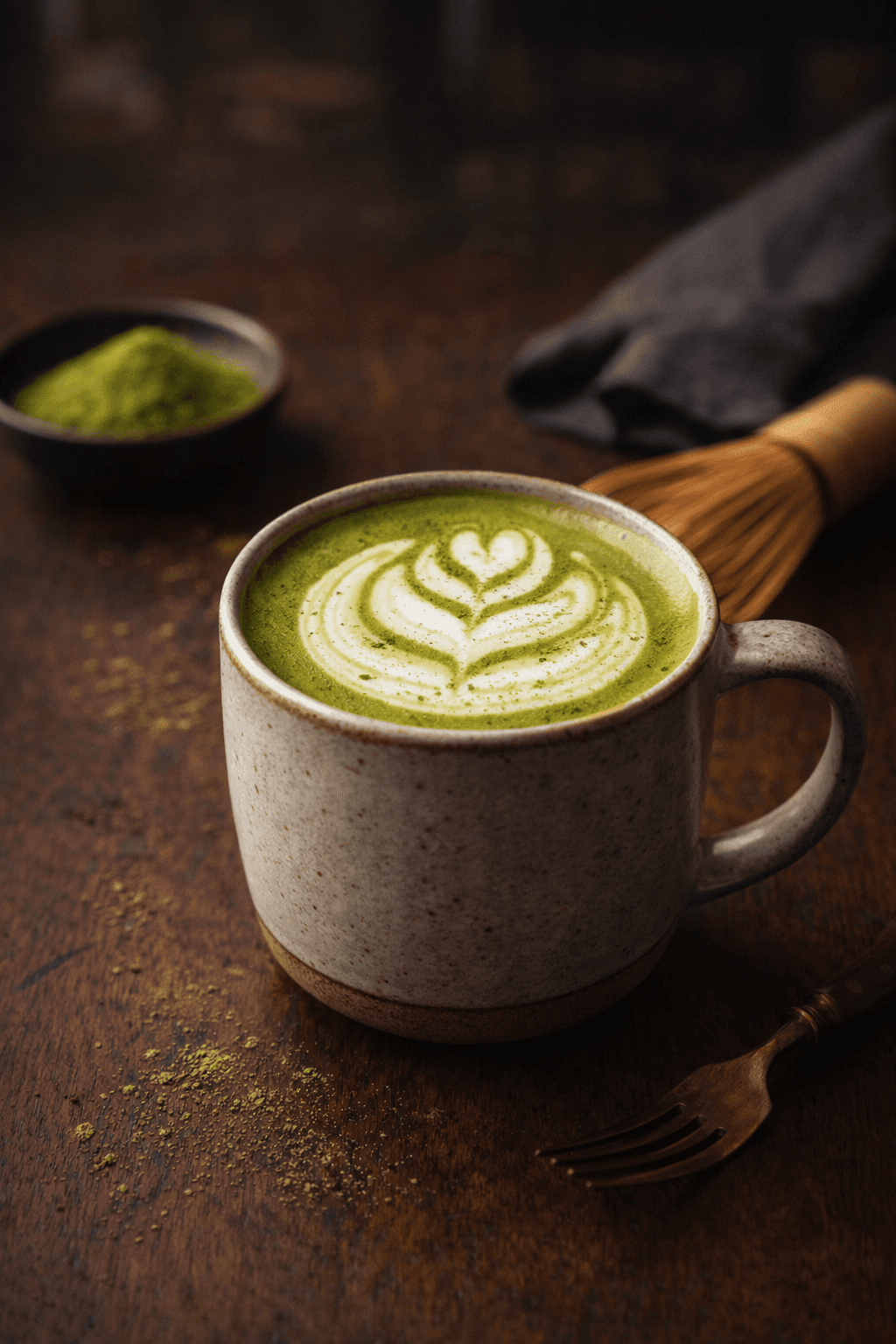 Cup of matcha latte with leaf-shaped latte art served in a ceramic mug on a wooden surface.