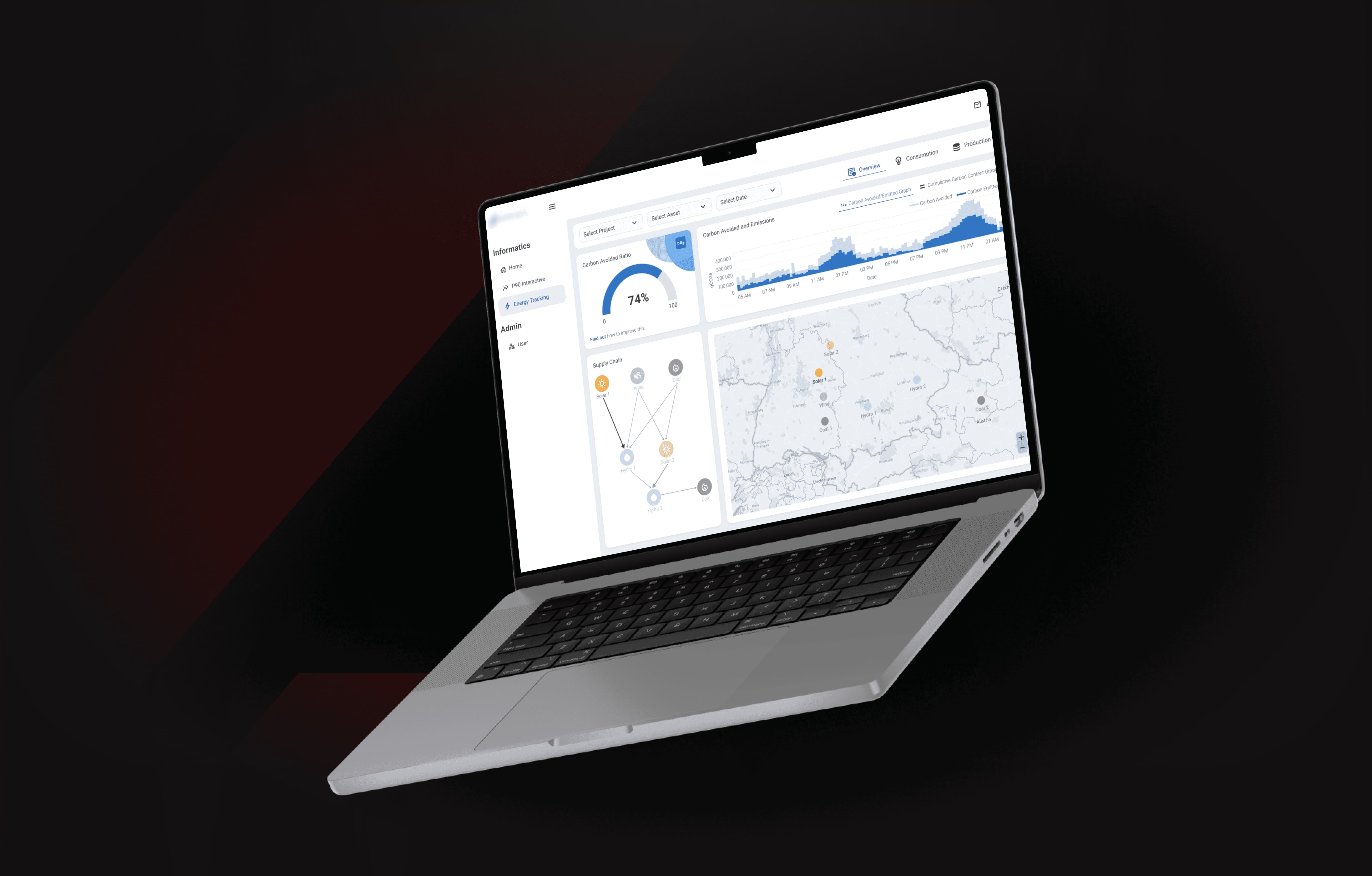 Laptop showing a carbon reporting dashboard with a site map and emission gauges.