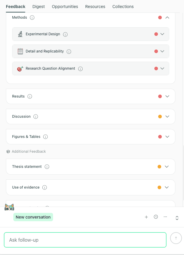 thesify section-level feedback panel showing Methods checks (Experimental Design, Detail and Replicability, Research Question Alignment) plus Results and Discussion tabs