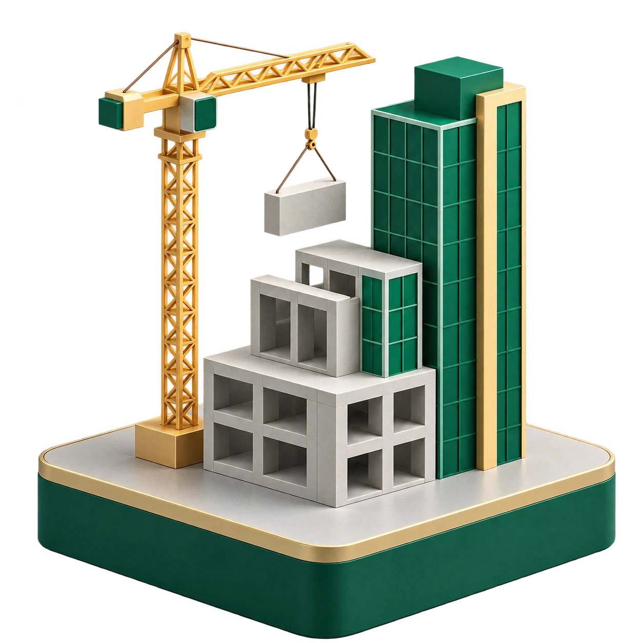 Mô hình 3D công trình đang xây với cần cẩu — nhóm Midcap