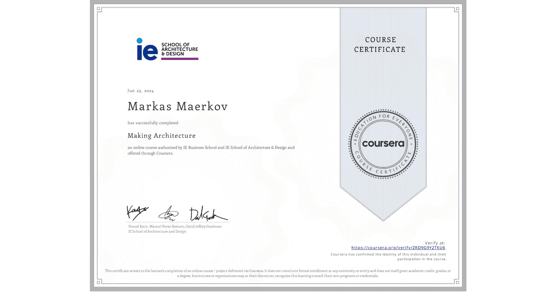 Making Architecture course certificate