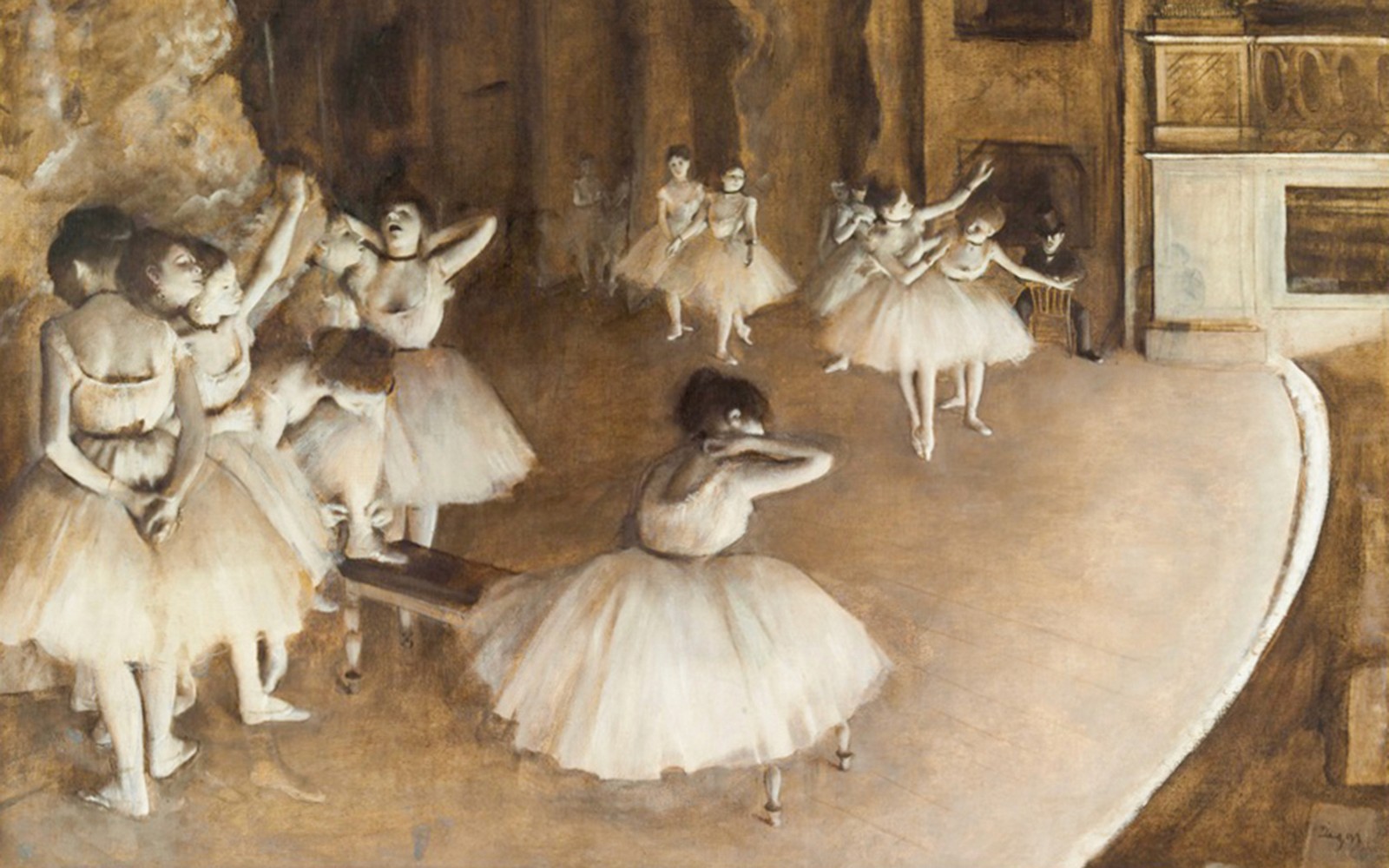 Ballet dancers rehearsing on stage, Orsay Museum temporary exhibition.