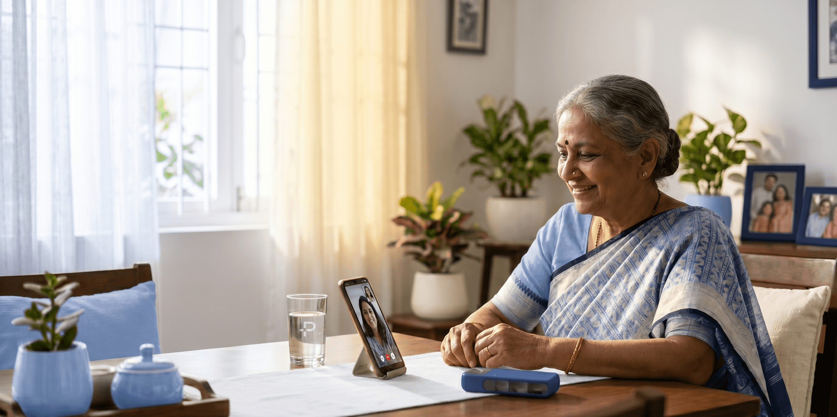 Elderly Indian mother smiling during a video call with her daughter living abroad, with a medication dispenser on the table beside her