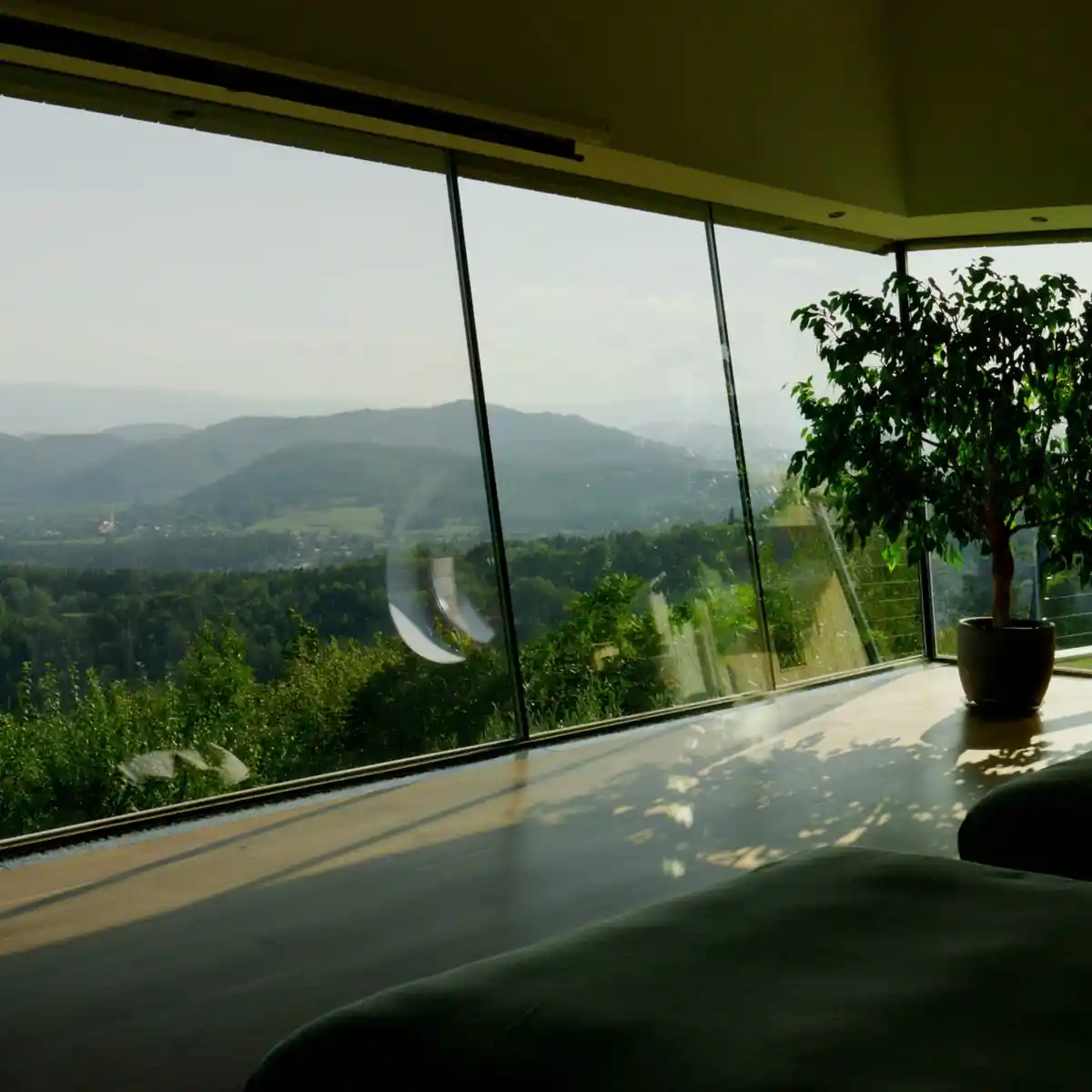 Panoramafenster über den Hügeln, davor Zimmerbaum und ein Bettende