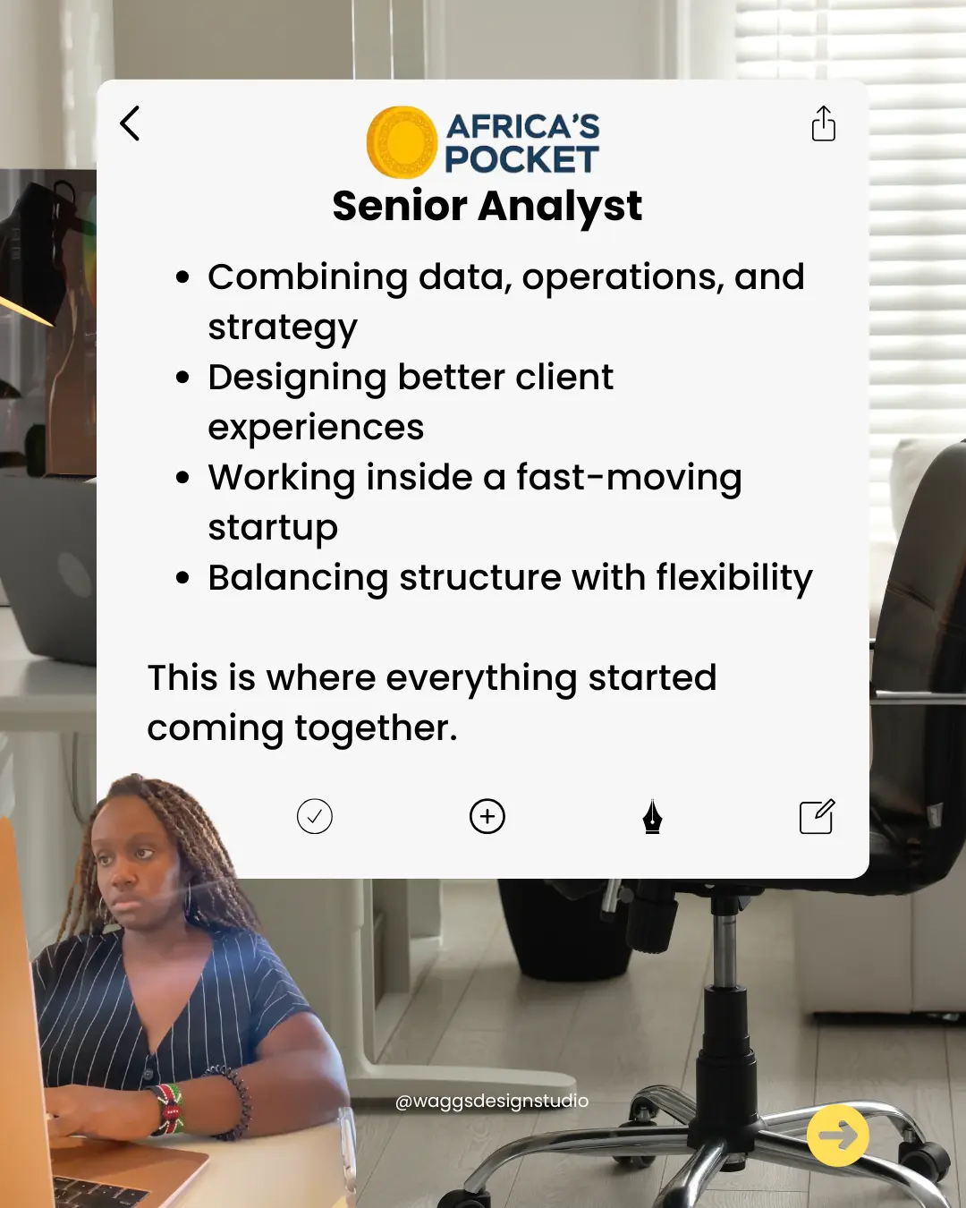 An office space with modern furniture includes a desk chair and computer, featuring a note about a Senior Analyst position at Africa's Pocket, highlighting tasks like data combination, strategy design, and startup growth.