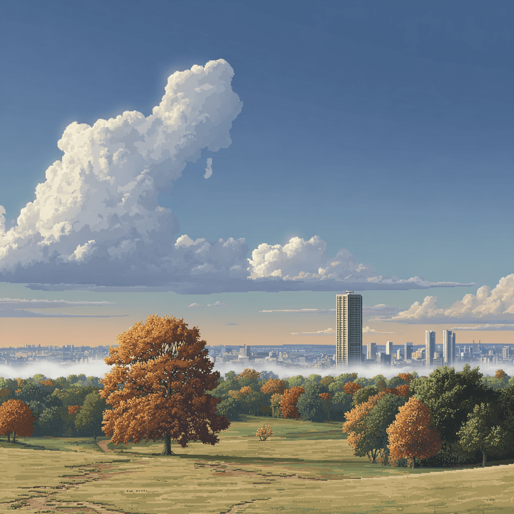 Pixel art of open park in autumn.