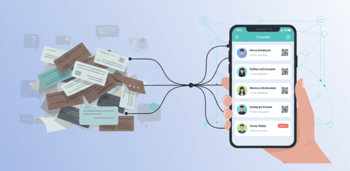 Modern networking workflow showing Habsy digital business cards and QR contact exchange replacing traditional paper business cards and manual follow-ups