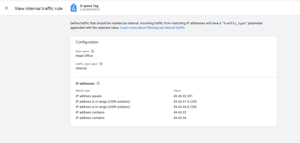 GA4 define internal traffic screenshot