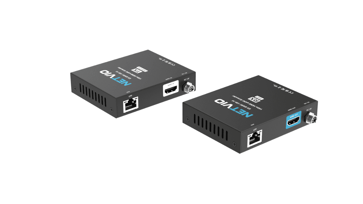 Two NETVIO HDMI extenders with UTP and HDMI ports.