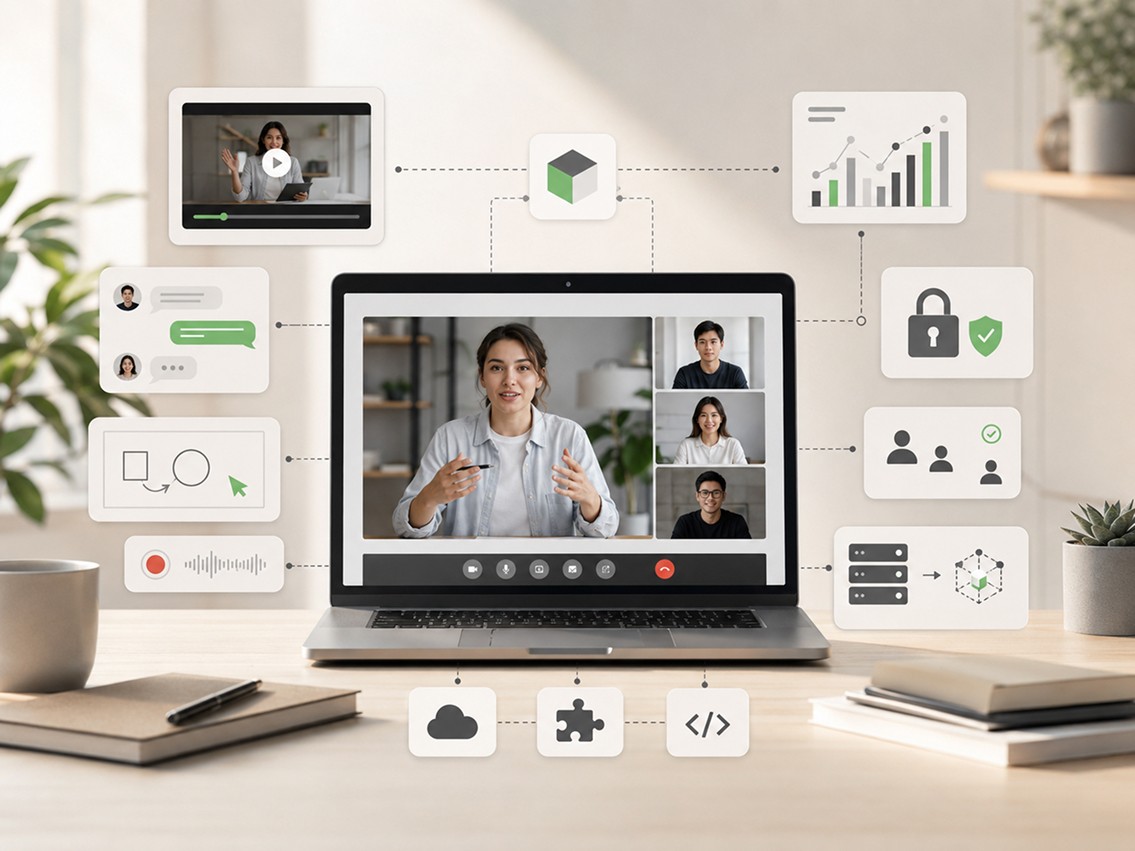 Virtual classroom interface connected to API features like video, chat, analytics, security, and integrations.