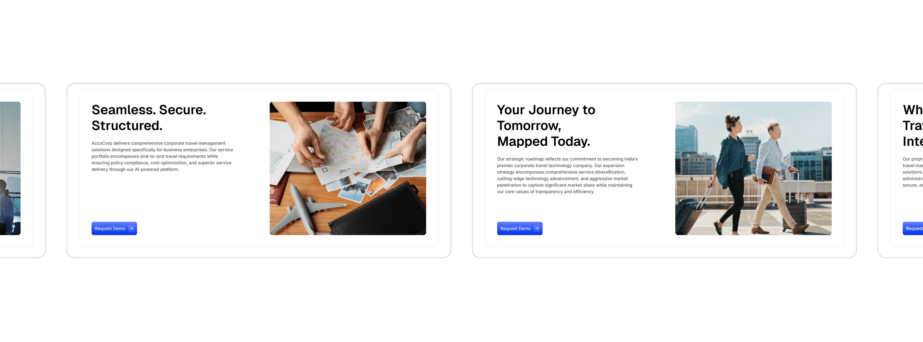 A business traveler with a suitcase gazes out a large airport window as a plane takes off, symbolizing seamless corporate travel and easy bookings, with an adjacent web interface highlighting travel services and contact options.