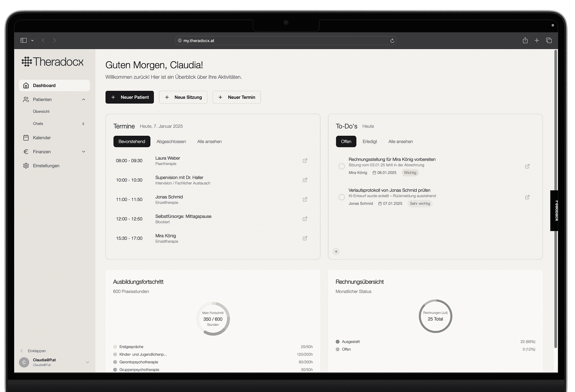 Business dashboard showing revenue, deals, customer list, growth chart, and new activity.