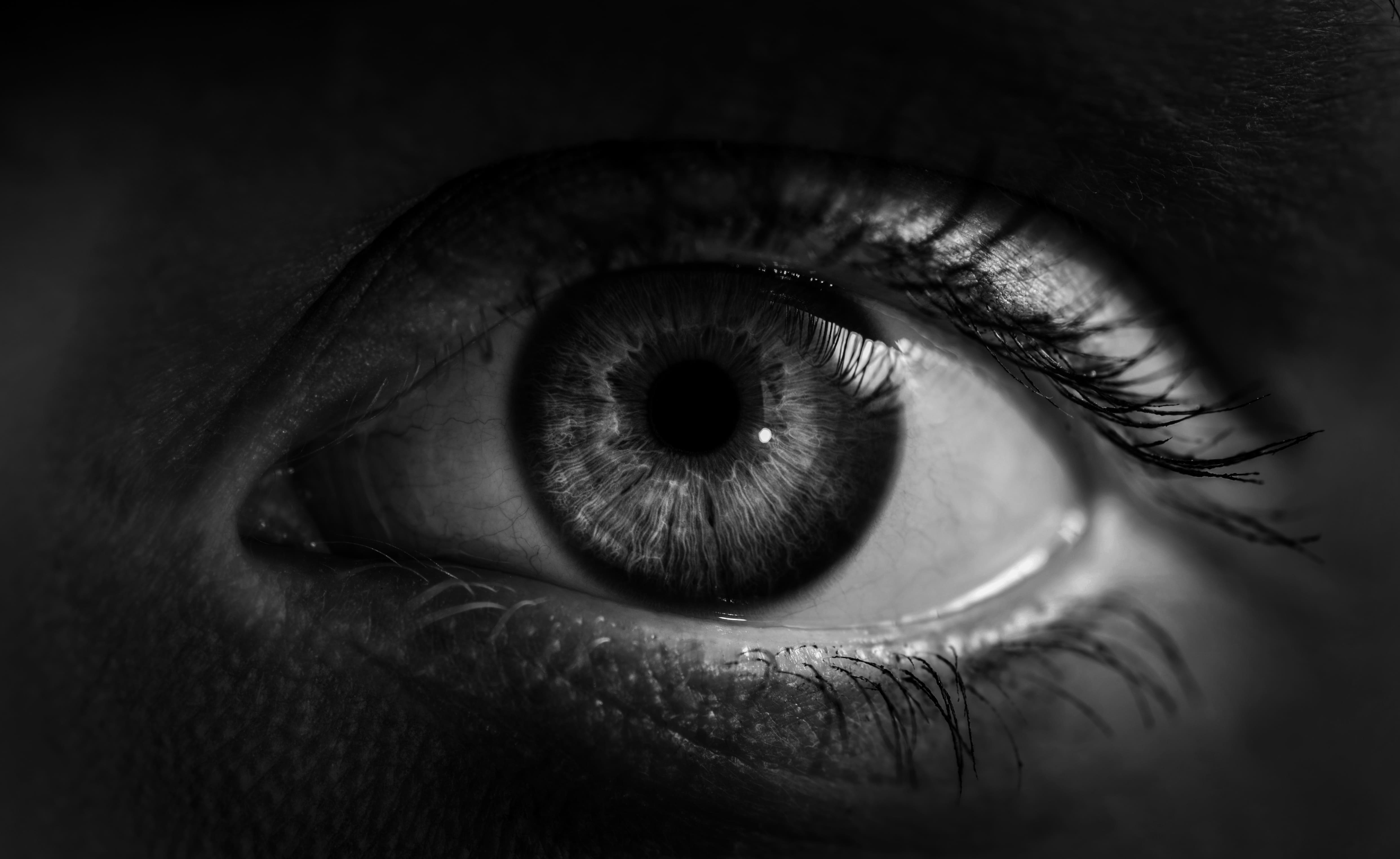 Extreme close-up black and white photograph of a human eye