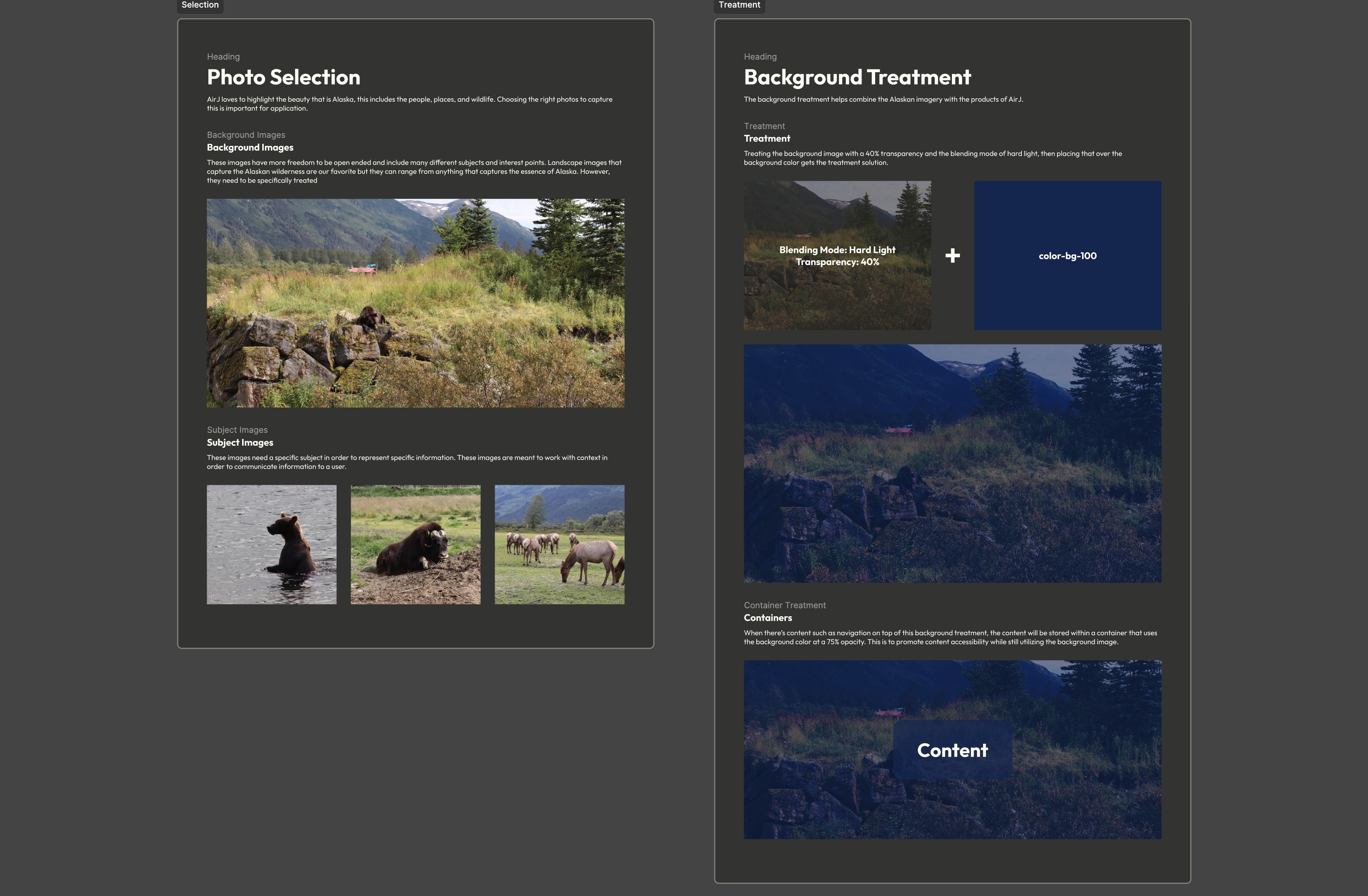 Design system page for photo treatment.