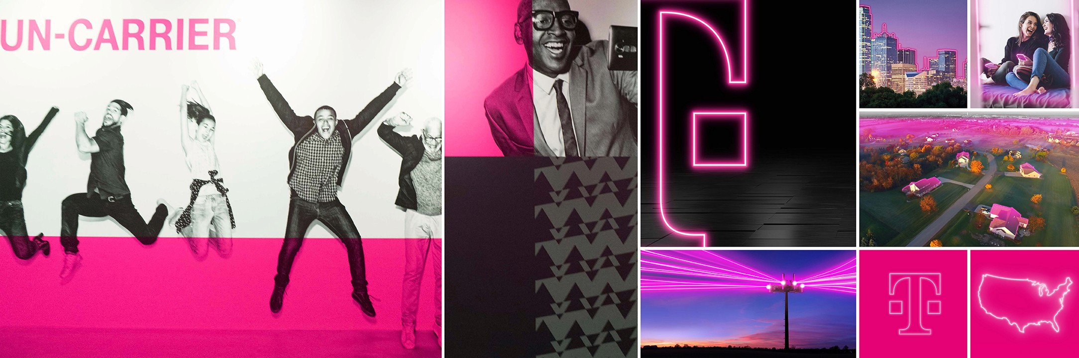 A striking collage of pink, black, and white marketing visuals, embodying T-Mobile's big, bold identity and mission to challenge conventions while enhancing customer experiences.