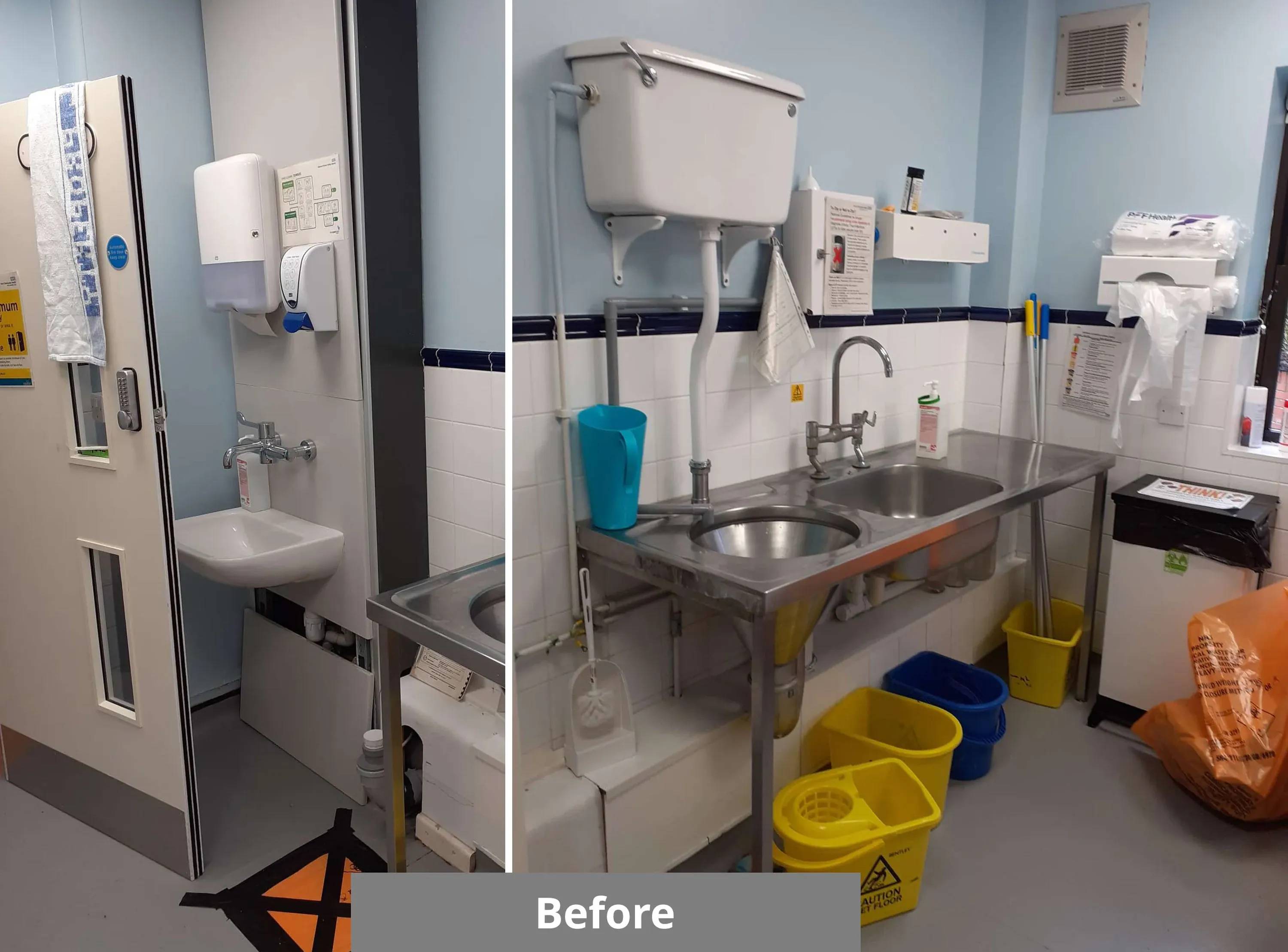 A before image of a hospital ward, rather untidy with exposed plumbing systems