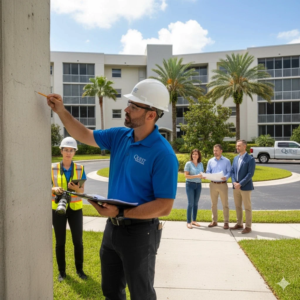Inspector conducting 30-year building inspection at a Florida HOA community.