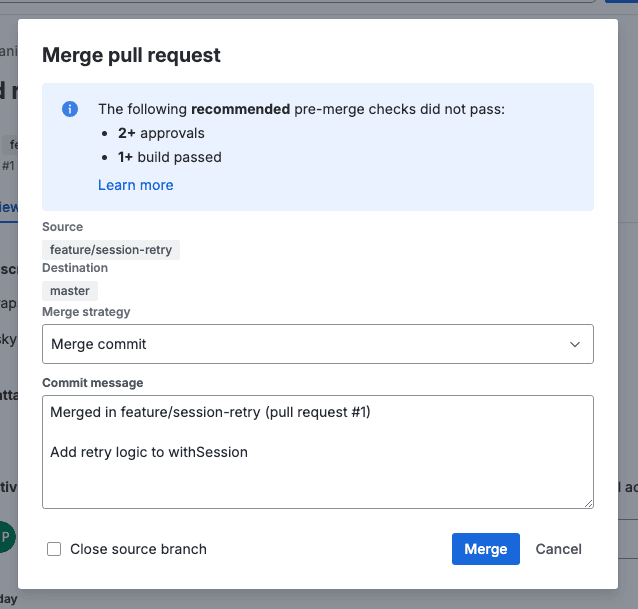 The merge dialog: the strategy dropdown, and the pre-merge checks (approvals and a passing build) that must pass first.