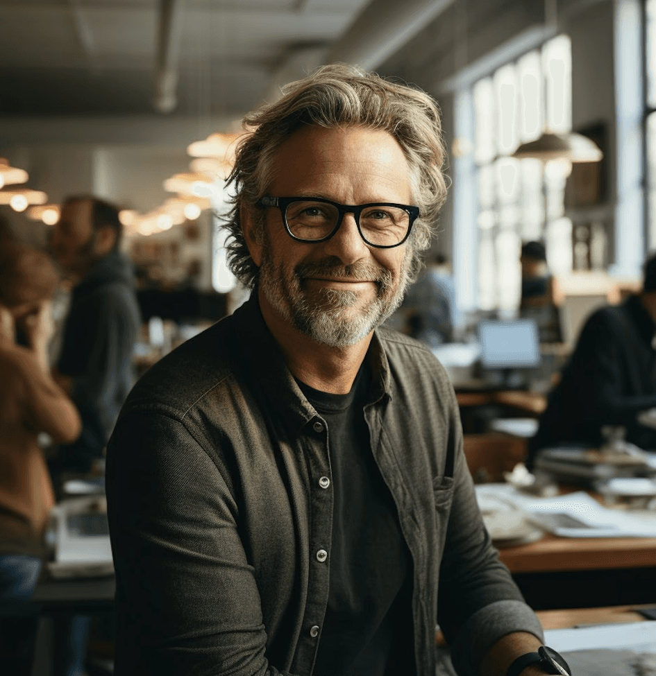 A smiling man with glasses and gray hair sits in a bustling cafe, surrounded by people and workspaces.