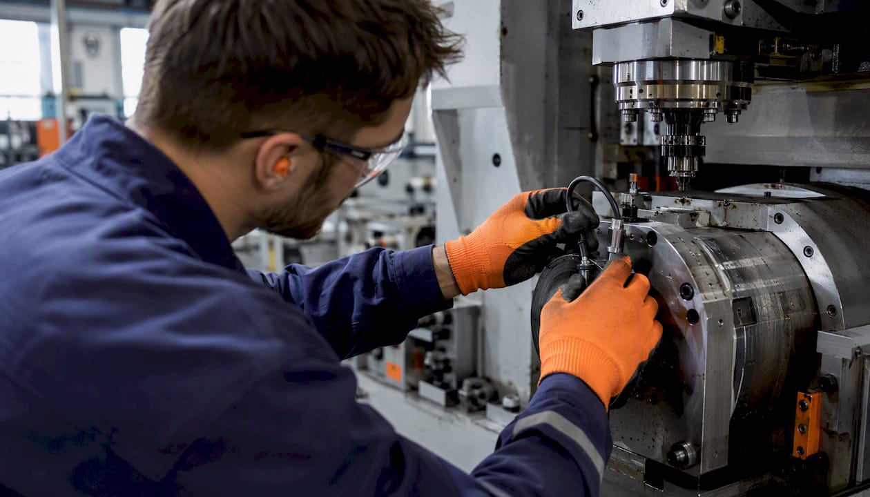 Hands placing vibration sensor on CNC spindle