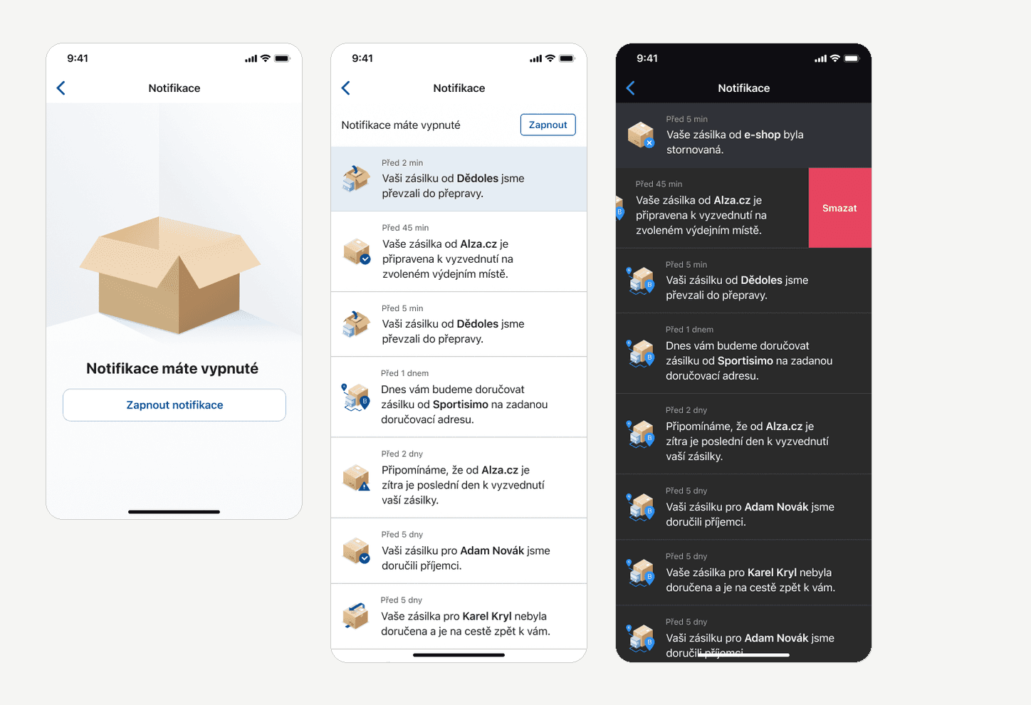 Notifikace: prázdný stav s vypnutými notifikacemi, seznam notifikací a tmavý režim s možností smazání.