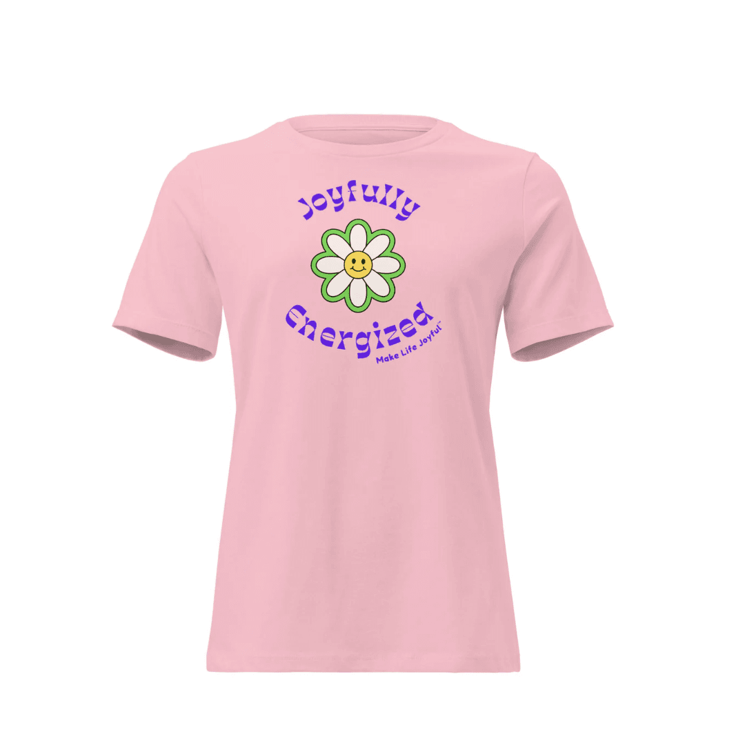 pink tshirt that says "joyfully energized" on a white studio background