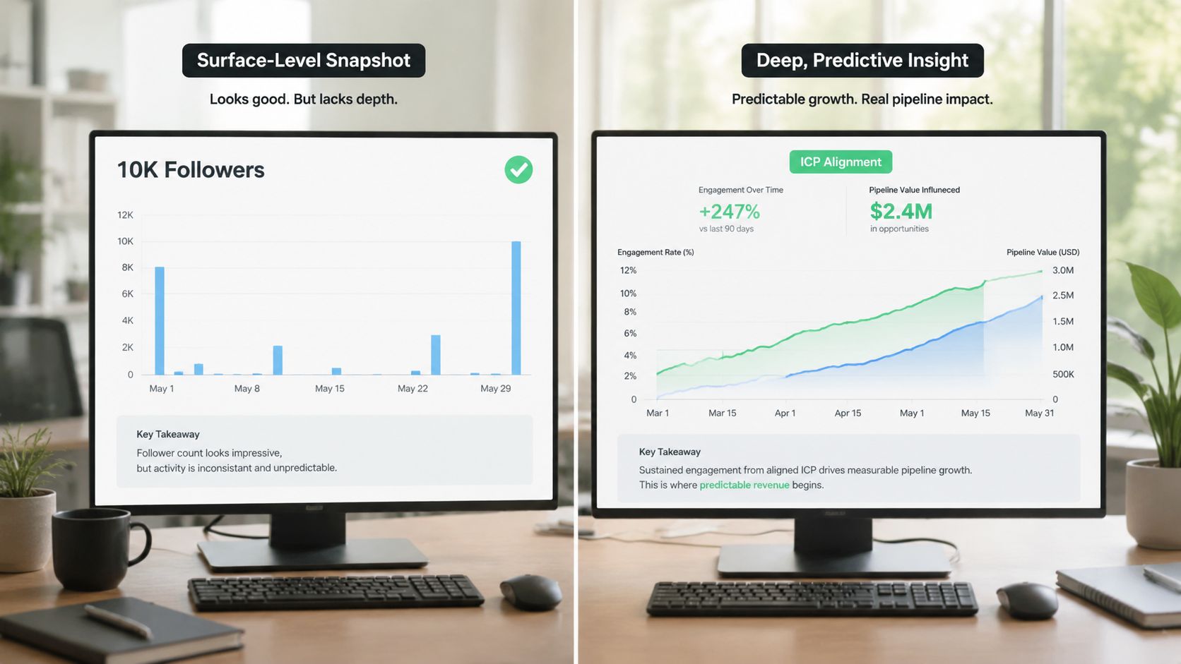 A side-by-side comparison showing surface-level follower count metrics versus deep, predictive pipeline value analytics for businesses.