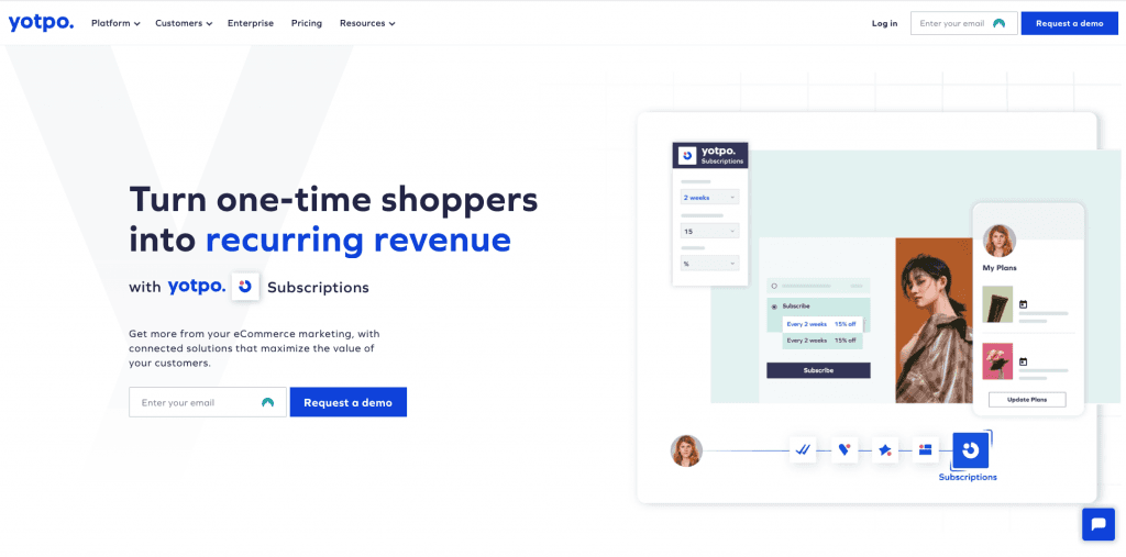 Yotpo homepage 'Turn one-time shoppers into recurring revenue' promoting Yotpo Subscriptions