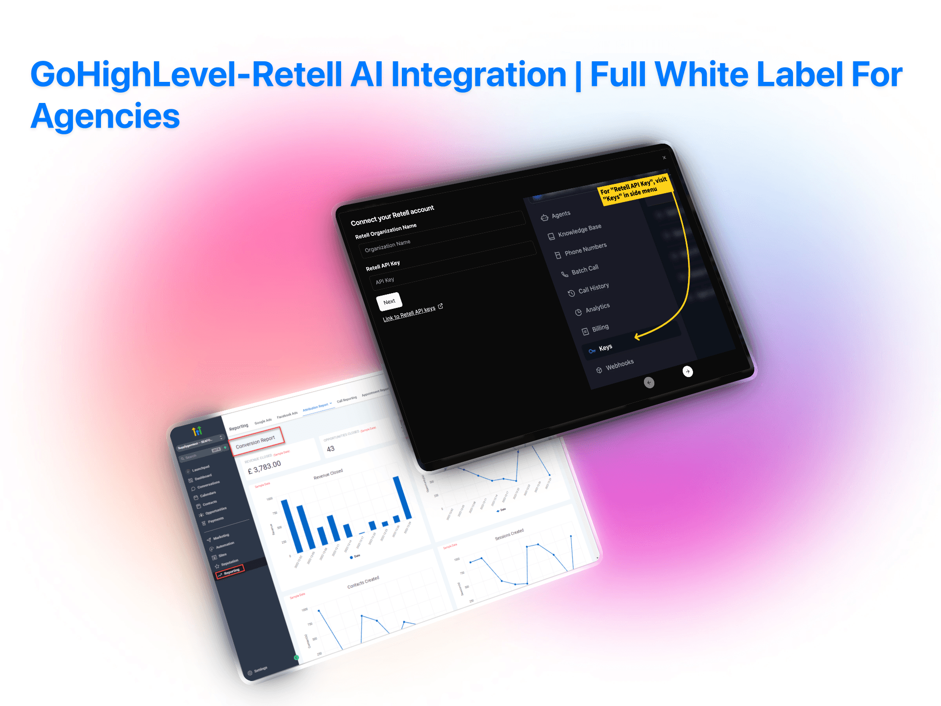 GoHighLevel-Retell AI integration white label for agencies showing account connection interface and conversion analytics dashboard | VoiceAIWrapper