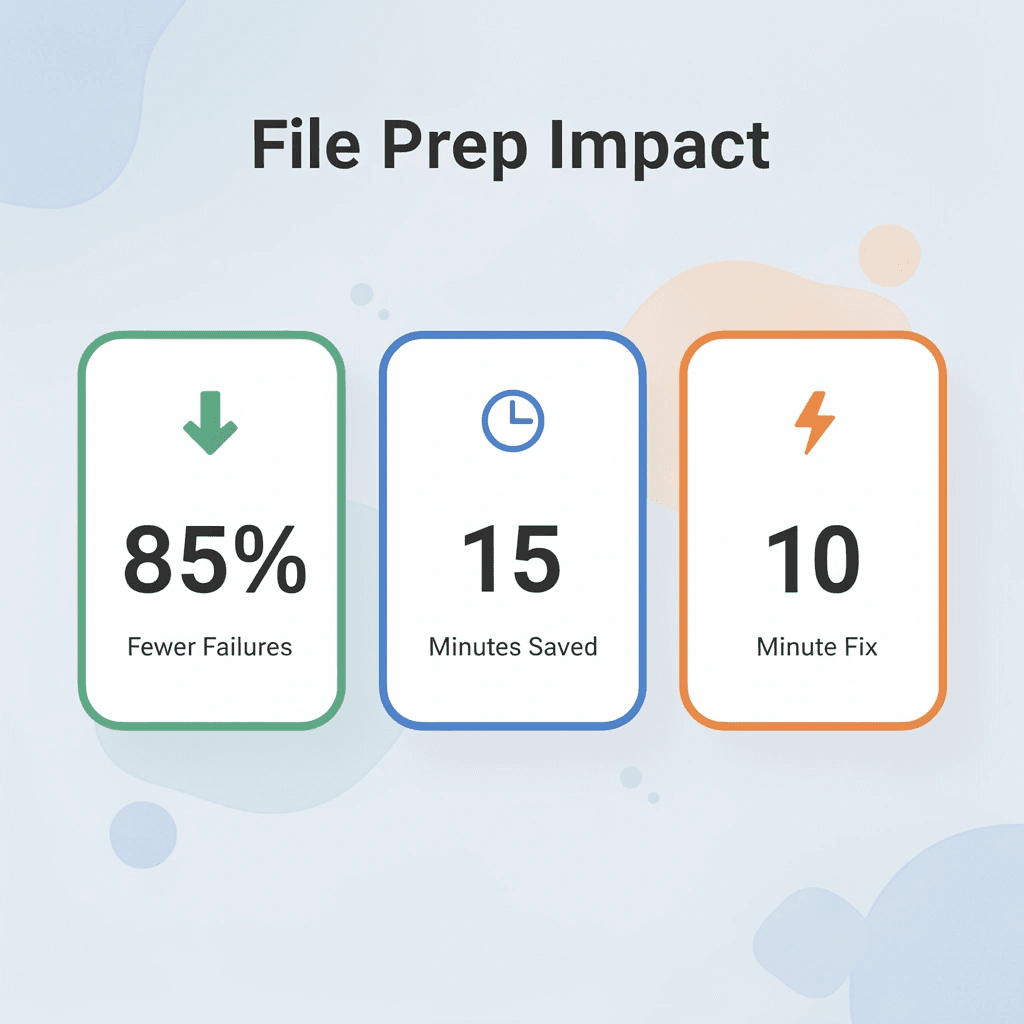  Statistics showing file preparation impact: 85% fewer failures, 15 minutes saved, 10-minute fix