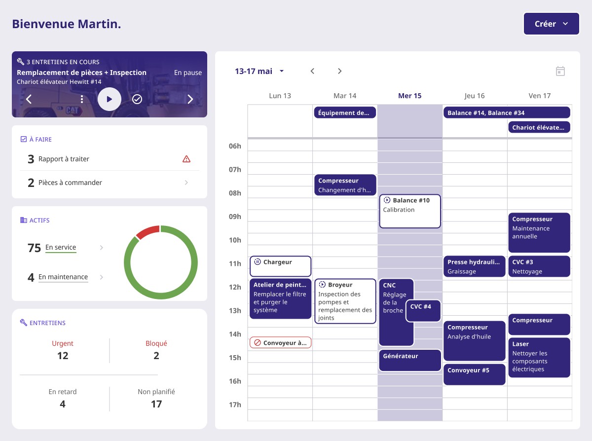 Binder GMAO dashboard with calendar view, task list, and create maintenance task feature for efficient preventive maintenance planning.