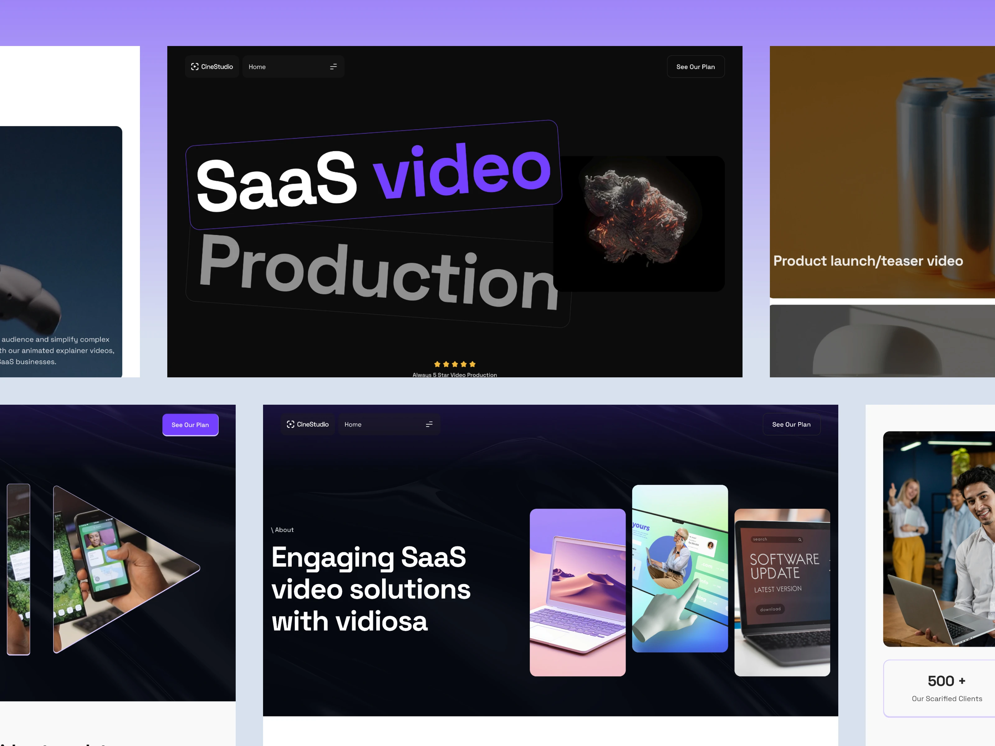 CineStudio website design for SaaS video production featuring dark UI and purple accents.